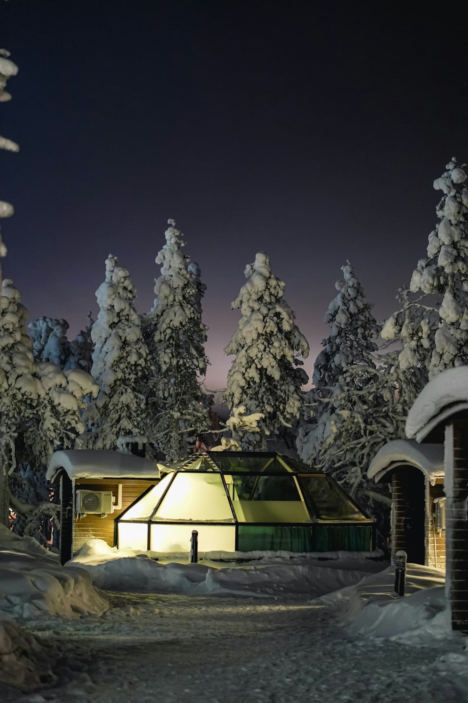 A glowing glass igloo between snow-heavy pines at dusk