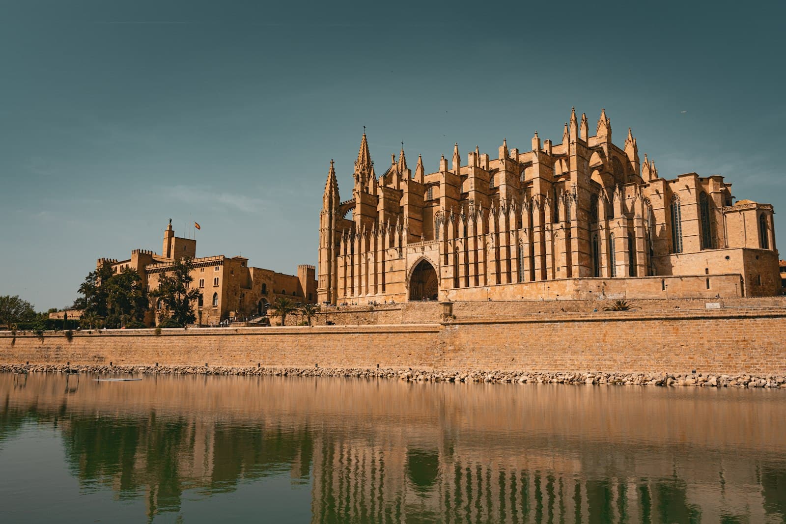 Palma cathedral reflected in still water