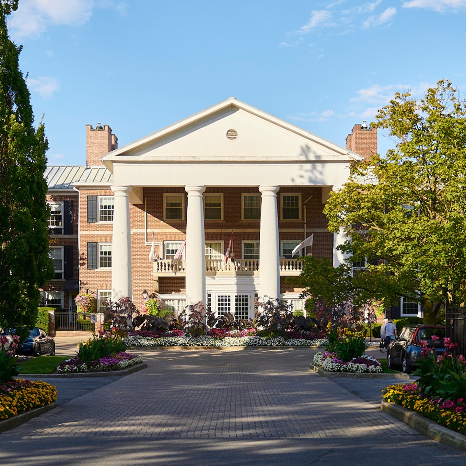 The columned Georgian facade of Queen's Landing